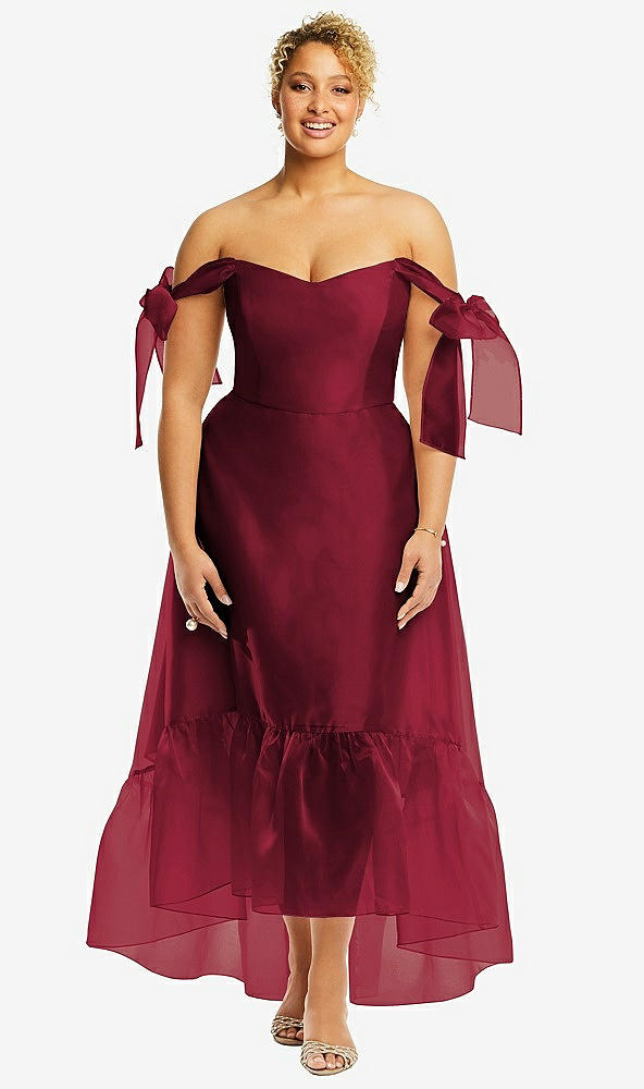 Front View - Burgundy Convertible Deep Ruffle Hem High Low Organdy Dress with Scarf-Tie Straps
