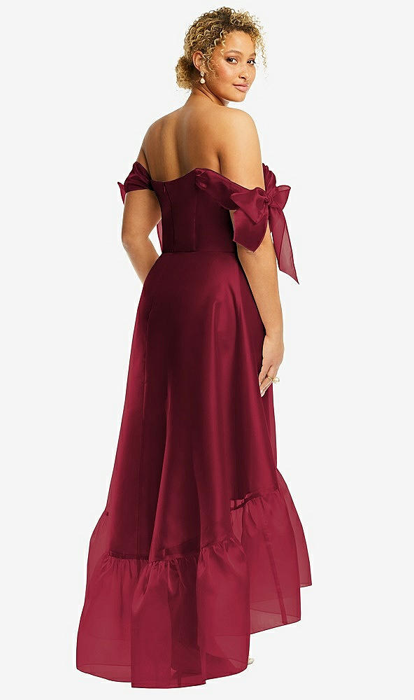 Back View - Burgundy Convertible Deep Ruffle Hem High Low Organdy Dress with Scarf-Tie Straps