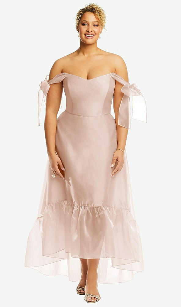 Front View - Cameo Convertible Deep Ruffle Hem High Low Organdy Dress with Scarf-Tie Straps