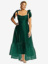 Alt View 1 Thumbnail - Hunter Green Convertible Deep Ruffle Hem High Low Organdy Dress with Scarf-Tie Straps
