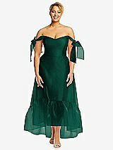 Front View Thumbnail - Hunter Green Convertible Deep Ruffle Hem High Low Organdy Dress with Scarf-Tie Straps