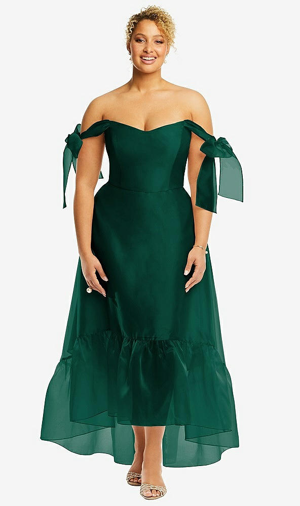 Front View - Hunter Green Convertible Deep Ruffle Hem High Low Organdy Dress with Scarf-Tie Straps