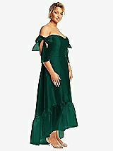 Side View Thumbnail - Hunter Green Convertible Deep Ruffle Hem High Low Organdy Dress with Scarf-Tie Straps