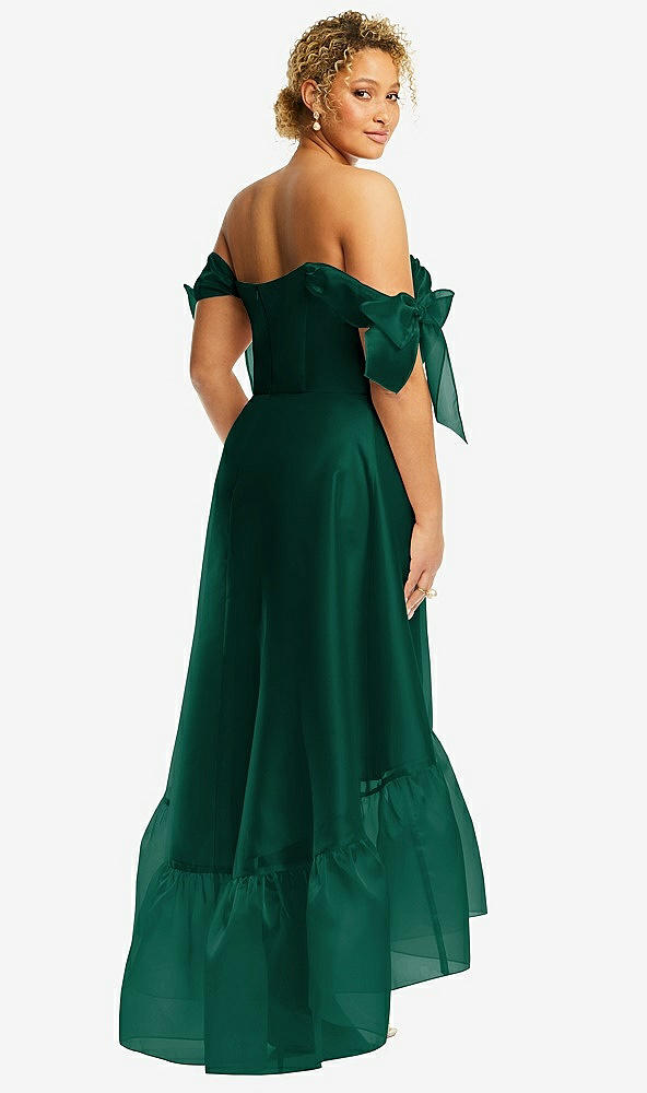 Back View - Hunter Green Convertible Deep Ruffle Hem High Low Organdy Dress with Scarf-Tie Straps