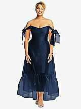 Front View Thumbnail - Midnight Navy Convertible Deep Ruffle Hem High Low Organdy Dress with Scarf-Tie Straps