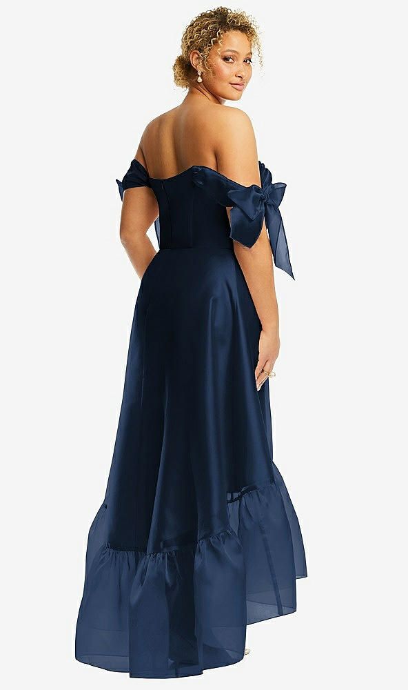 Back View - Midnight Navy Convertible Deep Ruffle Hem High Low Organdy Dress with Scarf-Tie Straps