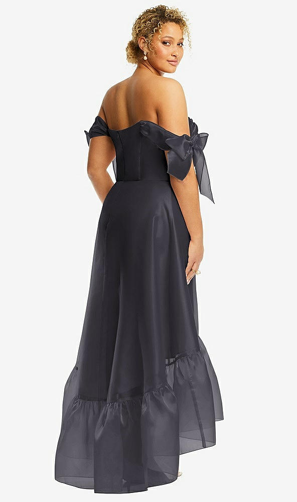Back View - Onyx Convertible Deep Ruffle Hem High Low Organdy Dress with Scarf-Tie Straps