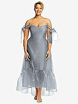Front View Thumbnail - Platinum Convertible Deep Ruffle Hem High Low Organdy Dress with Scarf-Tie Straps
