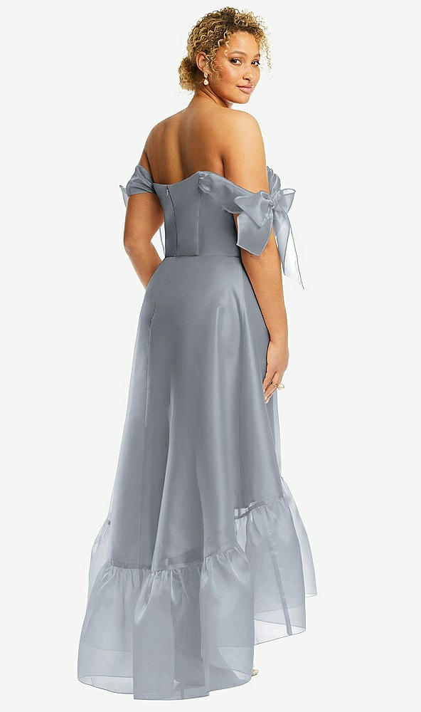 Back View - Platinum Convertible Deep Ruffle Hem High Low Organdy Dress with Scarf-Tie Straps