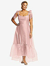 Alt View 1 Thumbnail - Rose - PANTONE Rose Quartz Convertible Deep Ruffle Hem High Low Organdy Dress with Scarf-Tie Straps
