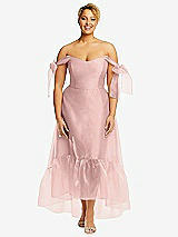 Front View Thumbnail - Rose - PANTONE Rose Quartz Convertible Deep Ruffle Hem High Low Organdy Dress with Scarf-Tie Straps
