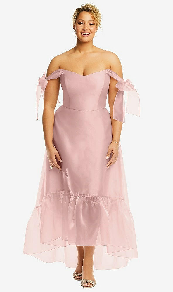 Front View - Rose - PANTONE Rose Quartz Convertible Deep Ruffle Hem High Low Organdy Dress with Scarf-Tie Straps