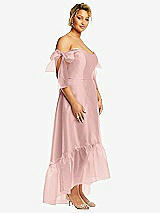 Side View Thumbnail - Rose - PANTONE Rose Quartz Convertible Deep Ruffle Hem High Low Organdy Dress with Scarf-Tie Straps