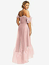 Rear View Thumbnail - Rose - PANTONE Rose Quartz Convertible Deep Ruffle Hem High Low Organdy Dress with Scarf-Tie Straps