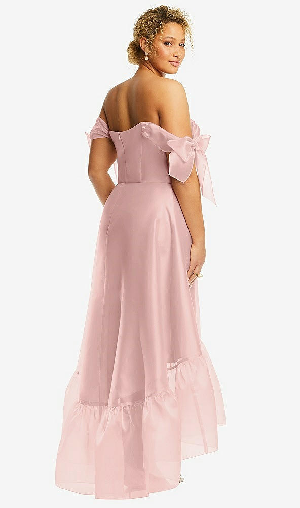 Back View - Rose - PANTONE Rose Quartz Convertible Deep Ruffle Hem High Low Organdy Dress with Scarf-Tie Straps