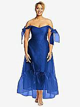 Front View Thumbnail - Sapphire Convertible Deep Ruffle Hem High Low Organdy Dress with Scarf-Tie Straps