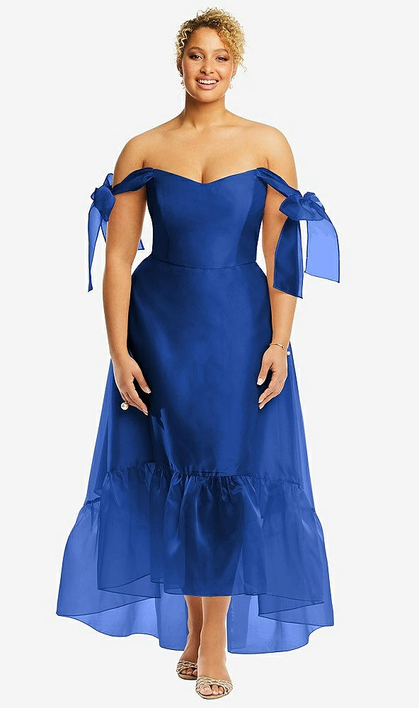 Front View - Sapphire Convertible Deep Ruffle Hem High Low Organdy Dress with Scarf-Tie Straps
