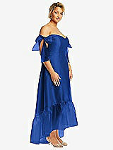 Side View Thumbnail - Sapphire Convertible Deep Ruffle Hem High Low Organdy Dress with Scarf-Tie Straps