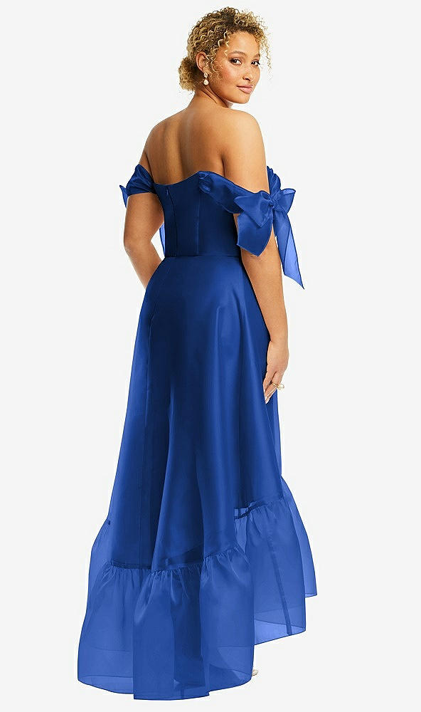 Back View - Sapphire Convertible Deep Ruffle Hem High Low Organdy Dress with Scarf-Tie Straps