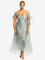 Front View Thumbnail - Willow Green Convertible Deep Ruffle Hem High Low Organdy Dress with Scarf-Tie Straps