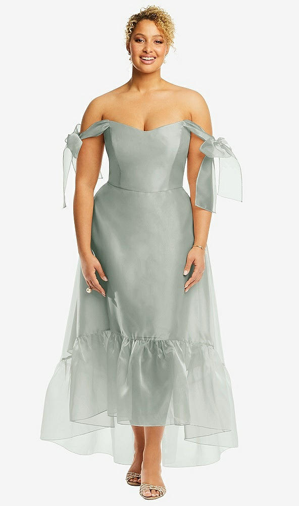 Front View - Willow Green Convertible Deep Ruffle Hem High Low Organdy Dress with Scarf-Tie Straps