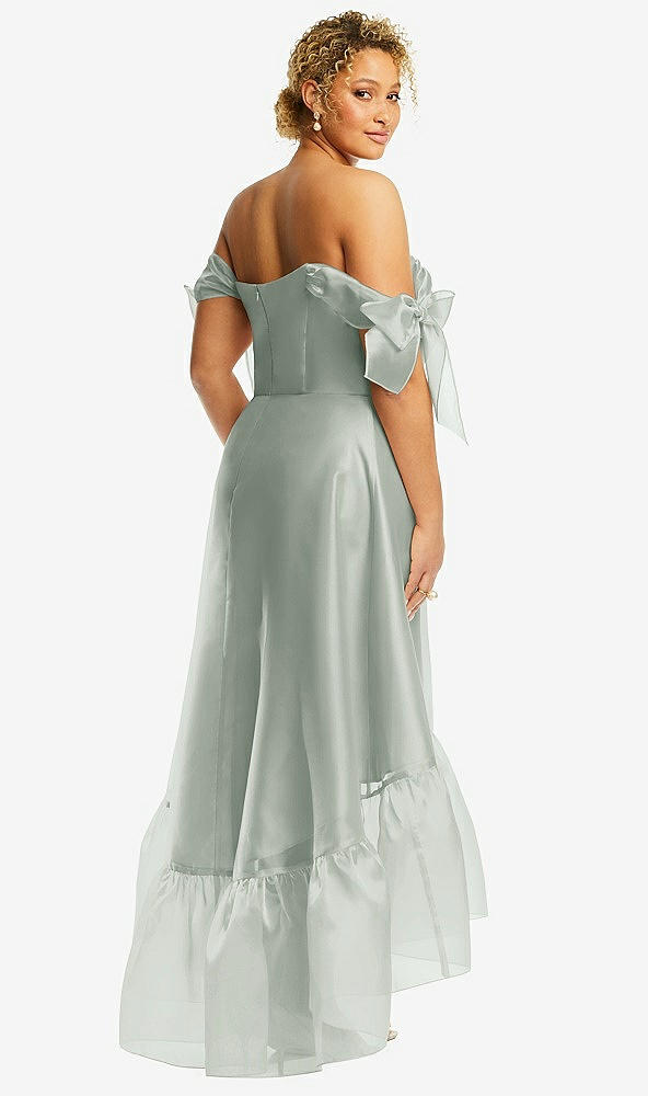 Back View - Willow Green Convertible Deep Ruffle Hem High Low Organdy Dress with Scarf-Tie Straps
