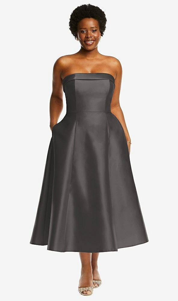 Front View - Caviar Gray Cuffed Strapless Satin Twill Midi Dress with Full Skirt and Pockets