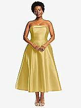 Alt View 1 Thumbnail - Maize Cuffed Strapless Satin Twill Midi Dress with Full Skirt and Pockets