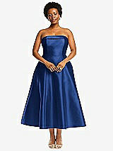 Alt View 1 Thumbnail - Classic Blue Cuffed Strapless Satin Twill Midi Dress with Full Skirt and Pockets