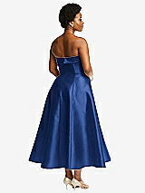 Rear View Thumbnail - Classic Blue Cuffed Strapless Satin Twill Midi Dress with Full Skirt and Pockets