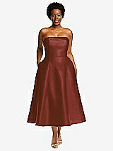 Front View Thumbnail - Auburn Moon Cuffed Strapless Satin Twill Midi Dress with Full Skirt and Pockets