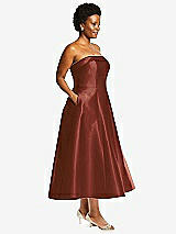 Side View Thumbnail - Auburn Moon Cuffed Strapless Satin Twill Midi Dress with Full Skirt and Pockets