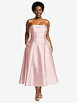 Front View Thumbnail - Ballet Pink Cuffed Strapless Satin Twill Midi Dress with Full Skirt and Pockets