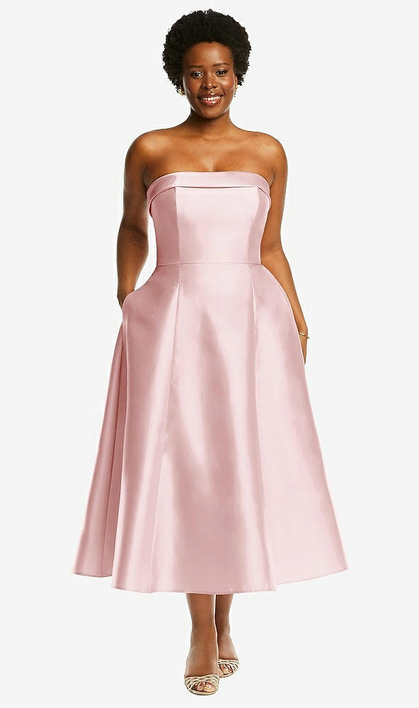 Front View - Ballet Pink Cuffed Strapless Satin Twill Midi Dress with Full Skirt and Pockets