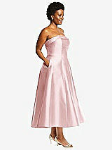 Side View Thumbnail - Ballet Pink Cuffed Strapless Satin Twill Midi Dress with Full Skirt and Pockets