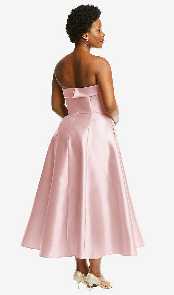 Back View - Ballet Pink Cuffed Strapless Satin Twill Midi Dress with Full Skirt and Pockets