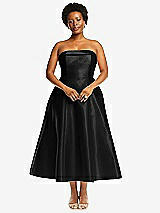 Alt View 1 Thumbnail - Black Cuffed Strapless Satin Twill Midi Dress with Full Skirt and Pockets
