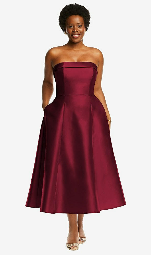 Front View - Burgundy Cuffed Strapless Satin Twill Midi Dress with Full Skirt and Pockets