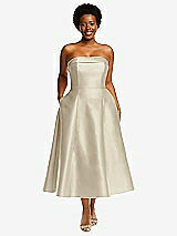 Front View Thumbnail - Champagne Cuffed Strapless Satin Twill Midi Dress with Full Skirt and Pockets