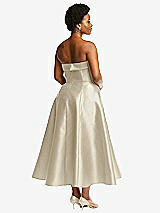 Rear View Thumbnail - Champagne Cuffed Strapless Satin Twill Midi Dress with Full Skirt and Pockets