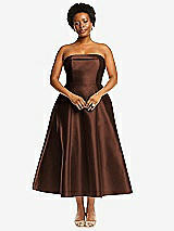 Alt View 1 Thumbnail - Cognac Cuffed Strapless Satin Twill Midi Dress with Full Skirt and Pockets