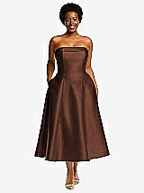 Front View Thumbnail - Cognac Cuffed Strapless Satin Twill Midi Dress with Full Skirt and Pockets