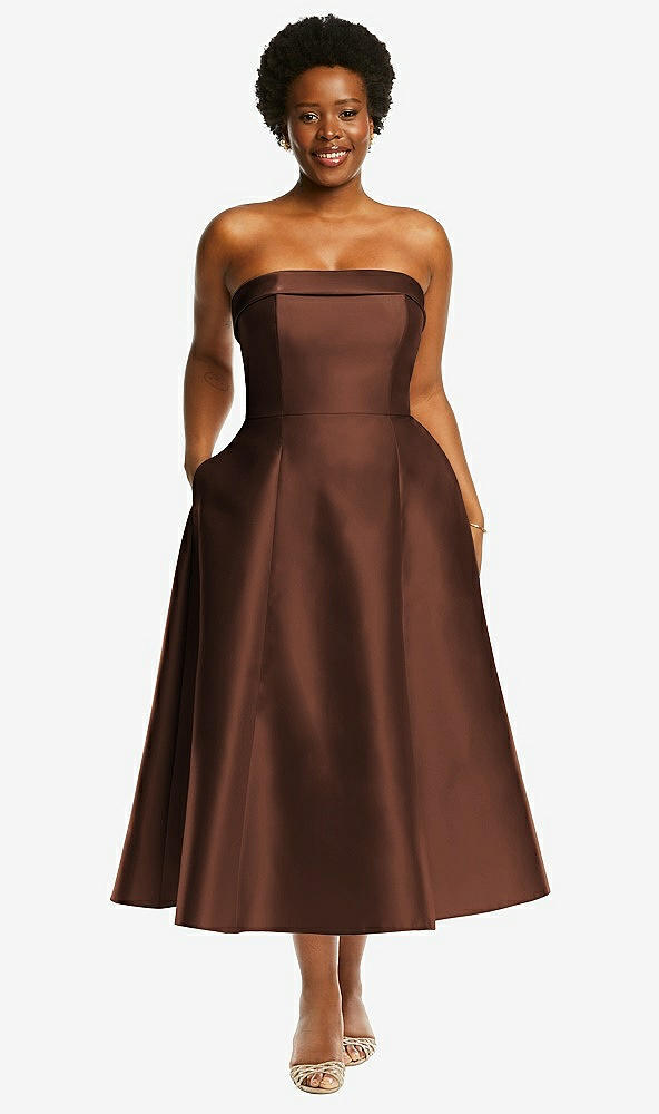 Front View - Cognac Cuffed Strapless Satin Twill Midi Dress with Full Skirt and Pockets