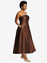 Side View Thumbnail - Cognac Cuffed Strapless Satin Twill Midi Dress with Full Skirt and Pockets