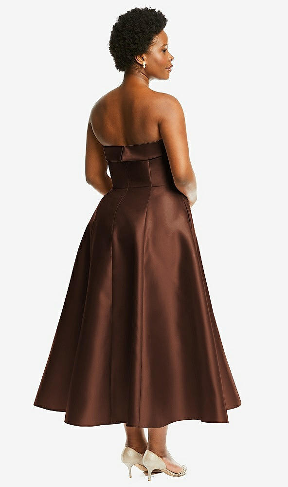 Back View - Cognac Cuffed Strapless Satin Twill Midi Dress with Full Skirt and Pockets