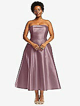 Alt View 1 Thumbnail - Dusty Rose Cuffed Strapless Satin Twill Midi Dress with Full Skirt and Pockets