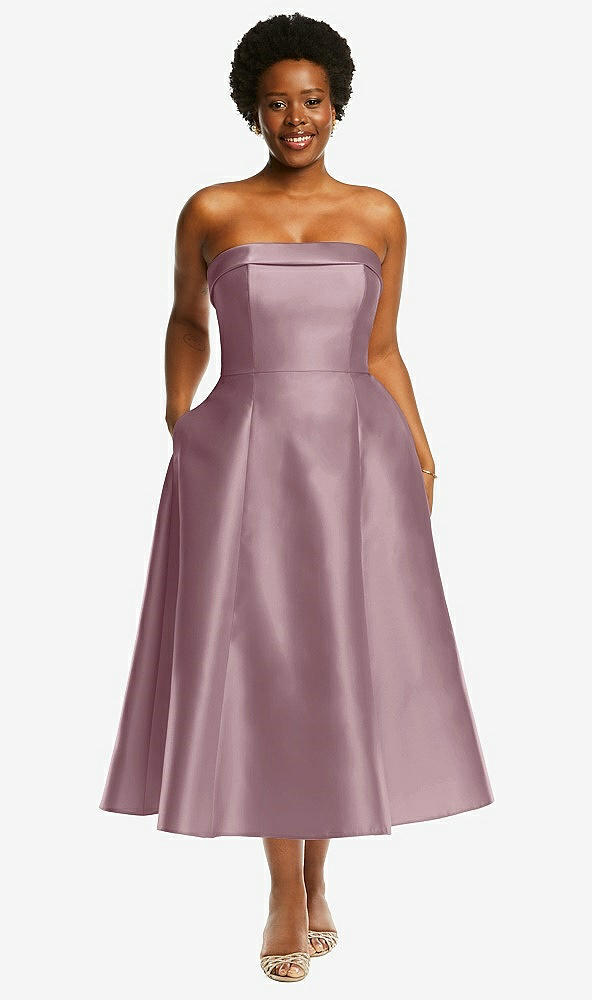 Front View - Dusty Rose Cuffed Strapless Satin Twill Midi Dress with Full Skirt and Pockets