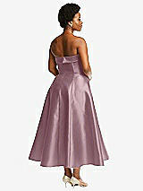 Rear View Thumbnail - Dusty Rose Cuffed Strapless Satin Twill Midi Dress with Full Skirt and Pockets