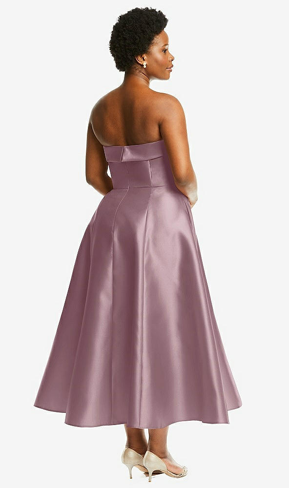 Back View - Dusty Rose Cuffed Strapless Satin Twill Midi Dress with Full Skirt and Pockets