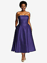 Front View Thumbnail - Grape Cuffed Strapless Satin Twill Midi Dress with Full Skirt and Pockets